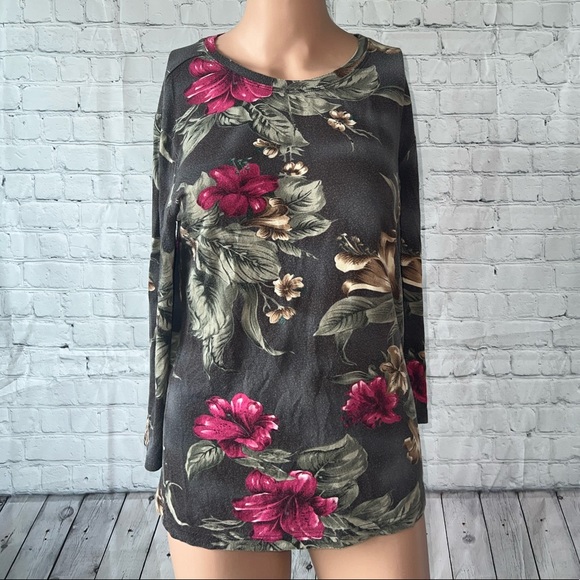 Caribbean Joe Tops - Caribbean Joe Gray, Green & Red Floral Shirt size S